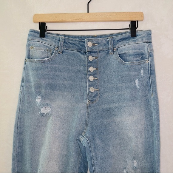 Vanilla Star Light Wash High Waisted Button Front Real Cheeky Straight Leg Jeans - Picture 3 of 5